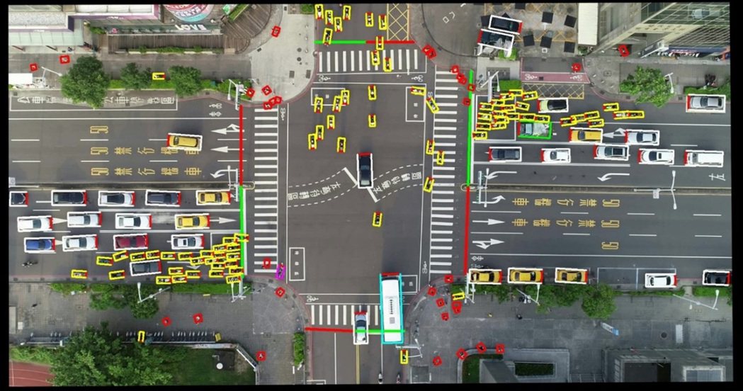 無人機「上帝視角」清楚辨識並追蹤路口人、車流動軌跡。圖／運研所提供