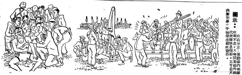 顏彤透過漫畫記錄了運動會選手於比賽過程中瘧疾發作的情形 資料來源：顏彤〈運動會選手瘧疾發作〉《聯合報》，1951年12月26日