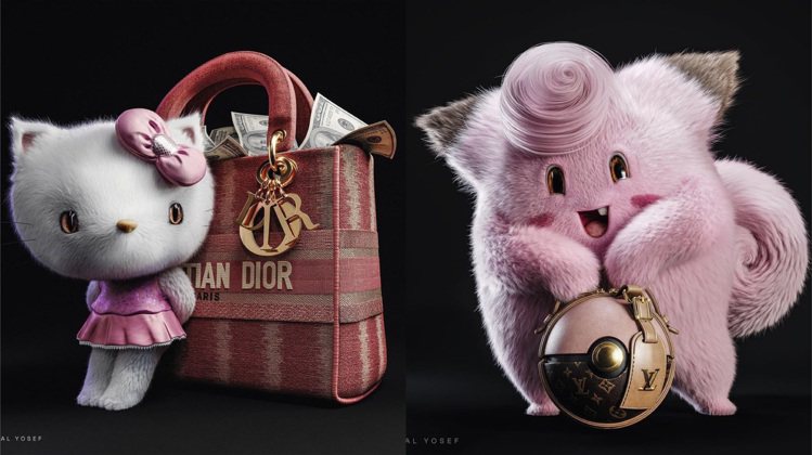(左)倚著Lady Dior的Hello Kitty和皮皮（右）拿著精美的粉色拼...