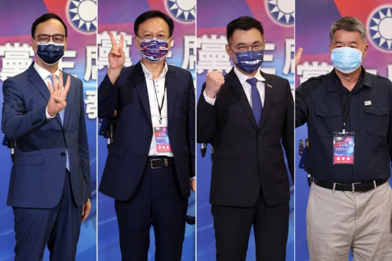 中國國民黨主席候選人電視政見發表會下午舉行，候選人朱立倫（左起）、卓伯源、江啟臣、張亞中抵達會場。記者曾吉松／攝影