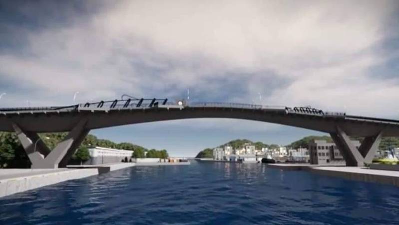 南方澳新跨港大橋的完工模擬圖，採用「鯖魚尾」造型橋墩。圖／蘇花改工程處提供