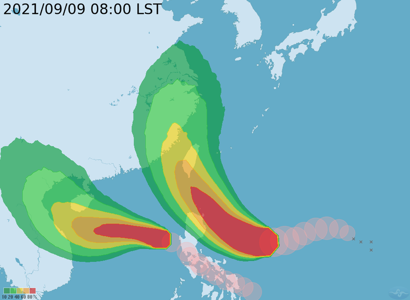 颱風暴風圈侵襲機率。圖／中央氣象局提供
