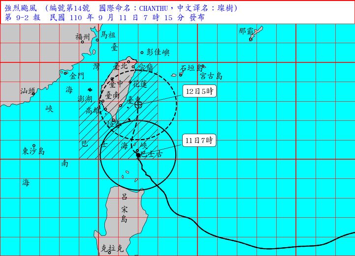 璨樹颱風上午7時的中心位置在在鵝鑾鼻的南南東方約220公里海面上，以每小時13轉19公里速度，向北進行。圖／取自氣象局網站