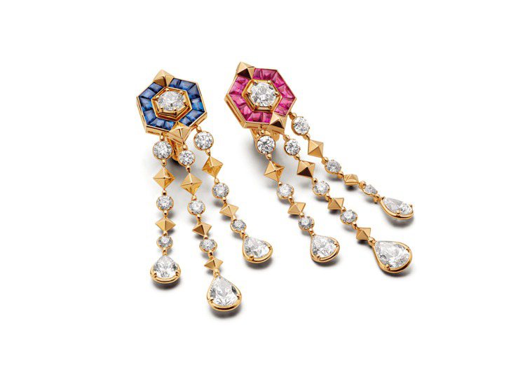 Eiza Gonzalez配戴的寶格麗頂級紅寶石、藍寶石與鑽石耳環。圖／寶格麗提供