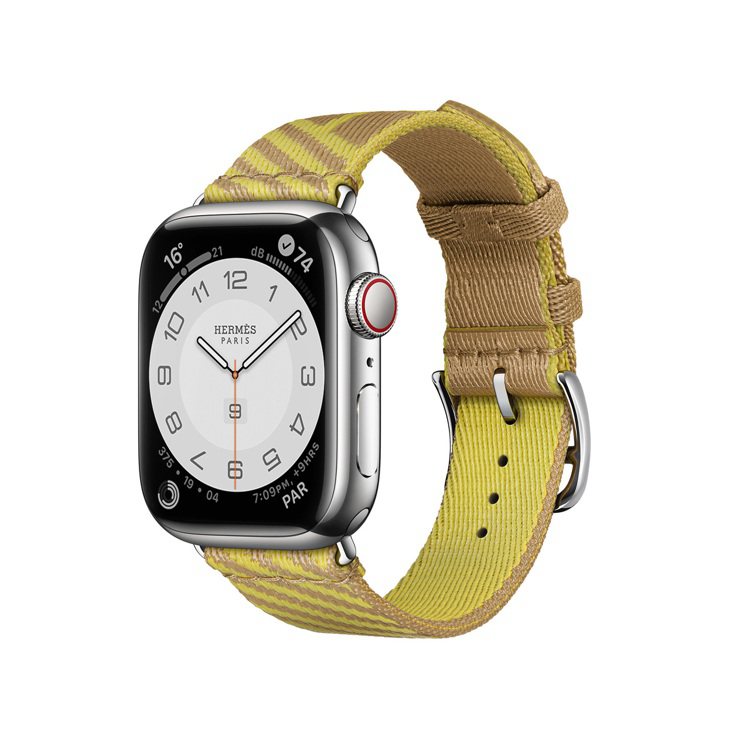 第七代Apple Watch Hermès Jumping圖紋印花系列牛皮紙色與萊姆黃色單圈織帶表款，售價未定。圖／愛馬仕提供