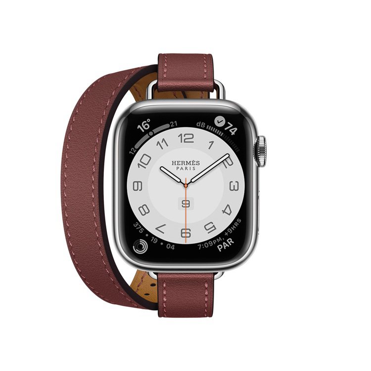 第七代Apple Watch Hermès 41毫米表殼配Attelage系列愛馬仕紅色雙圈Swift小牛皮表帶款，售價未定。圖／愛馬仕提供
