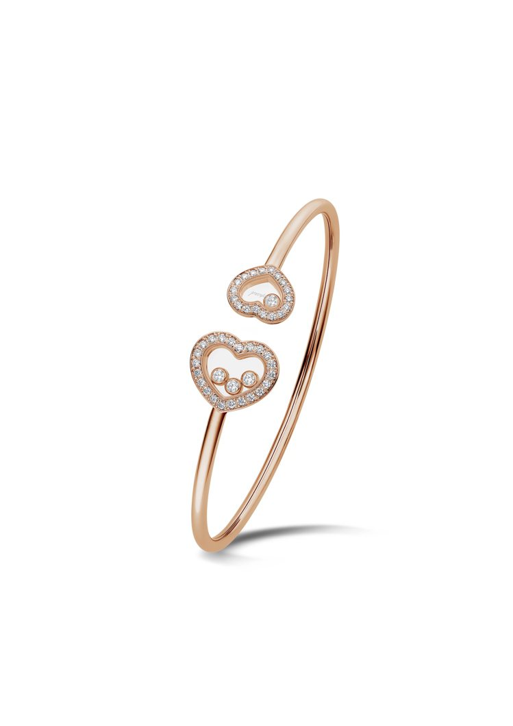 Happy Diamonds Icon系列手環，獲公平採礦認證18K玫瑰金鑲嵌總重0.54克拉鑽石，搭配4顆滑動鑽石，價格店洽。圖／蕭邦提供