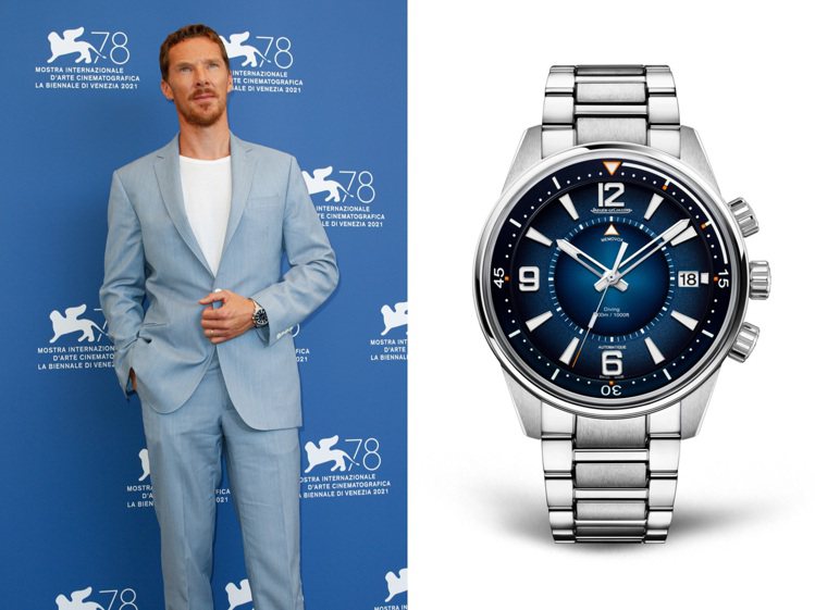 深藍色面盤、具備潛水與鬧鈴功能的Polaris Memovox腕表，正與Benedict Cumberbatch的淺藍色西裝，在色彩上巧妙共鳴。圖 / 積家提供（合成照）