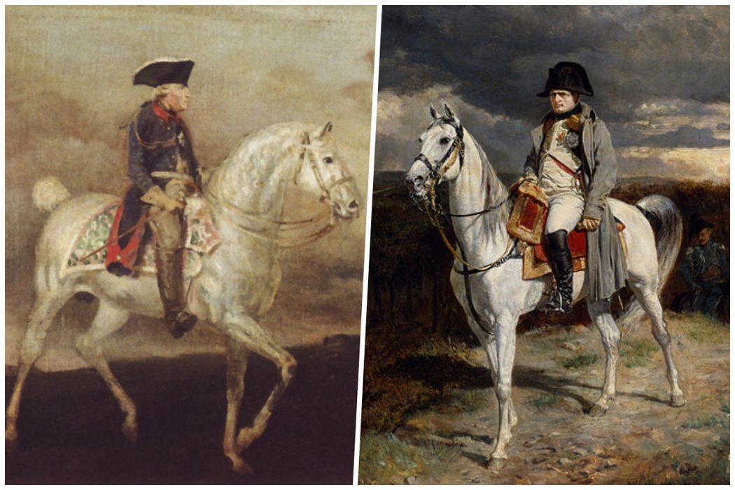 左為18世紀一幅描繪腓特烈大帝與愛馬孔德的畫像；右為拿破崙，在1863由法國古典...