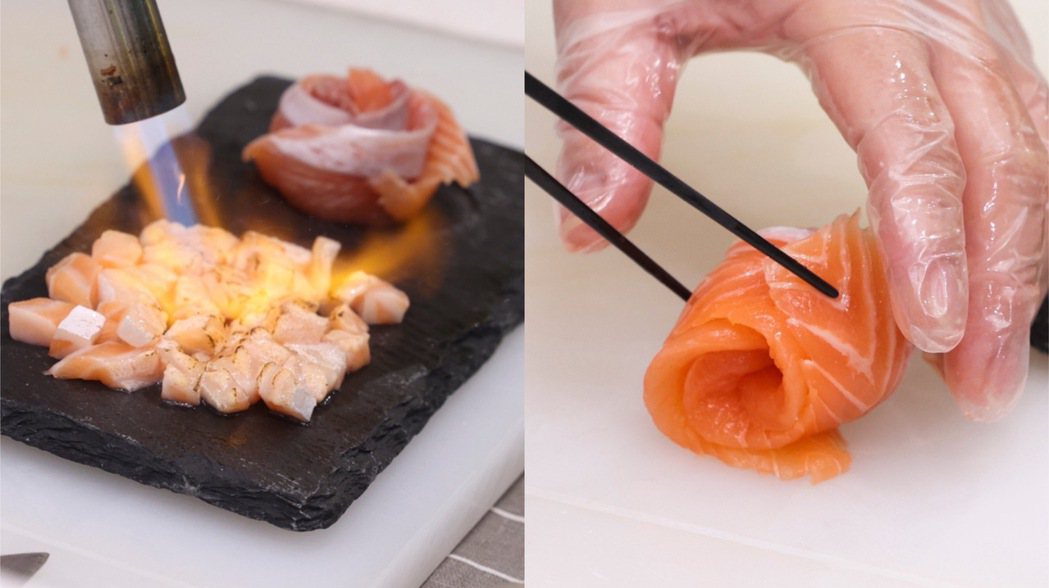 「極盛鮭魚三重奏」可以吃到鮭魚的炙燒、生魚片風味。記者王聰賢／攝影
