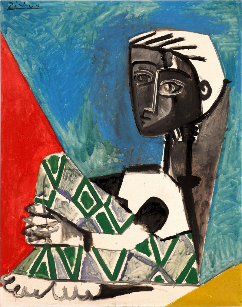 畢卡索「抱膝女子」在1954年作，本次估價1.5億元至2.3億港元（約新台幣6至9.2億元），是畢卡索為他晚年最後一任妻子賈桂琳，所創作的肖像。蘇富比／提供