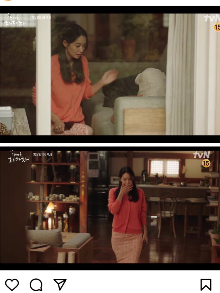 早前金宣虎生病時，申敏兒不小心流露真情，她以柔和的粉紅色DKNY的粉橘色針織衫、裙裝，搭配CHAUMET項鍊，作為粉紅泡泡的伏筆。圖/皆截自IG @tvN Drama影片