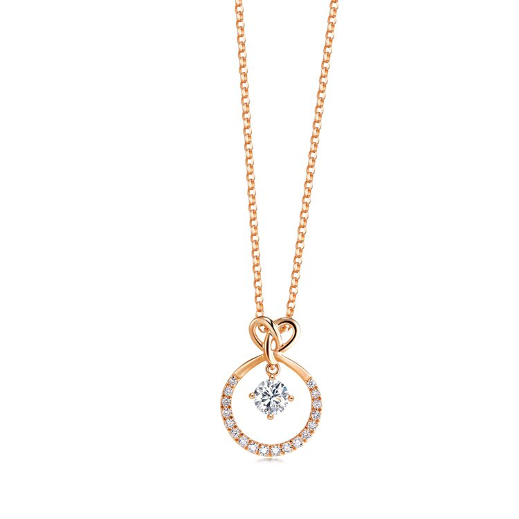 點睛品PROMESSA同心結18K玫瑰金鑽石頸鍊，以Inifini Love Diamond鑲嵌，主石30分，約63,600元起。圖／點睛品提供