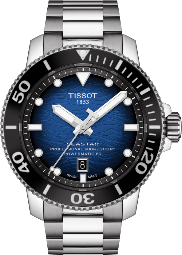 天梭表Searstar 2000海星系列腕表，精鋼表殼、表鍊，搭配陶瓷表圈，約33,800元。圖／TISSOT提供