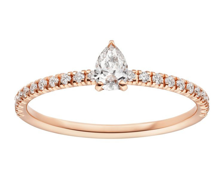 Etincelle de Cartier戒指，玫瑰金鑲嵌一顆梨形切割中央主鑽，約94,000元。圖／卡地亞提供