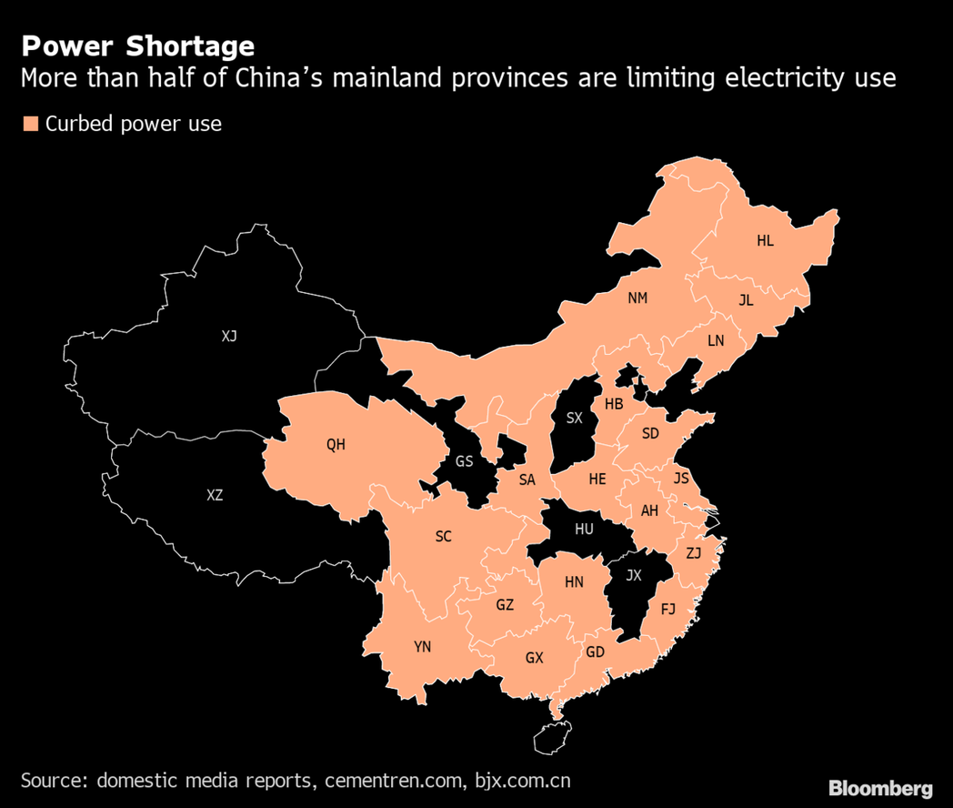 中國大陸局部限電（標示橘色者）。擷取自彭博資訊