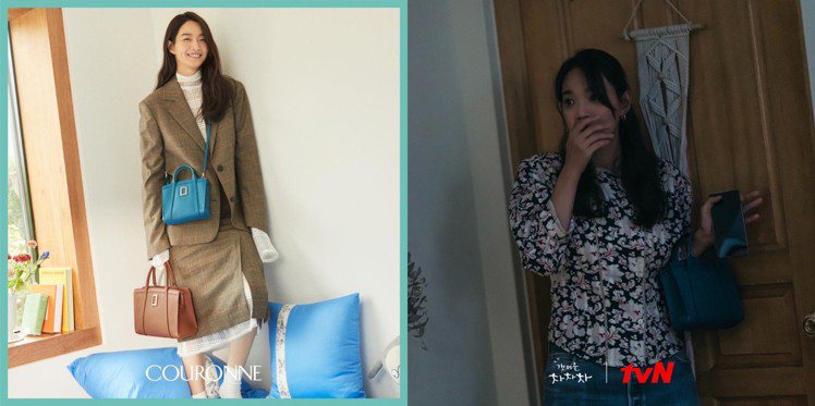 申敏兒穿ISABEL MARANT的花卉上衣（右），選搭COURONNE「Moss」包款，32萬8000韓圜、約合台幣8,415元；她在品牌官方IG也有形象圖。圖／取自tvN IG、COURONNE官方IG