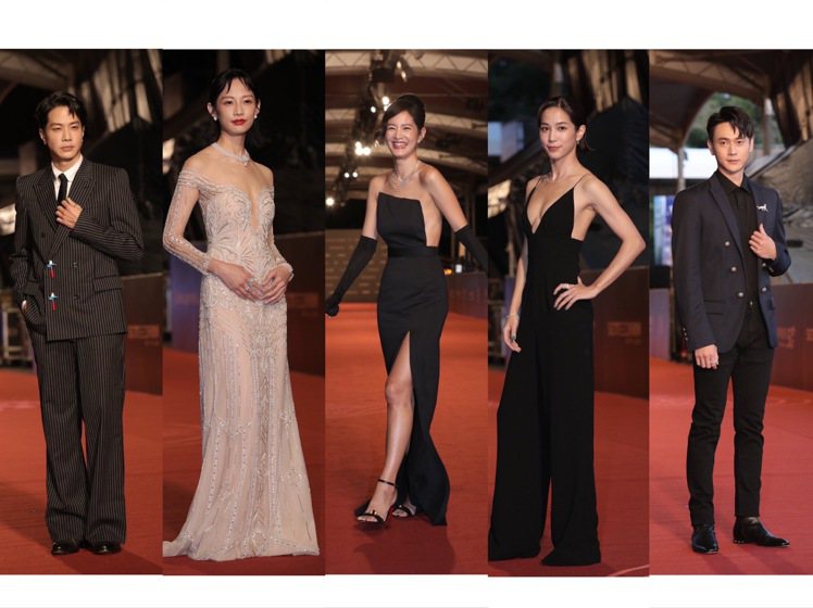 （左起）薛仕凌、簡嫚書、Janet、温貞菱、劉冠廷的金鐘56紅毯造型。記者李政龍...