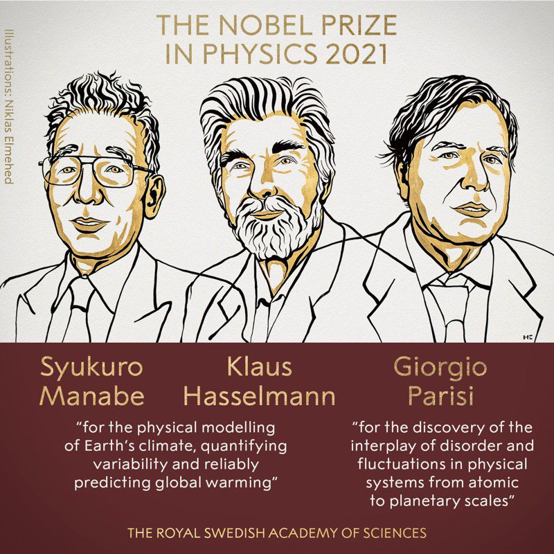 美籍日裔學者真鍋淑郎、德國學者哈塞爾曼（Klaus Hasselmann）和義大利學者帕里西（Giorgio Parisi）獲諾貝爾物理獎。圖翻攝自twitter@NobelPrize