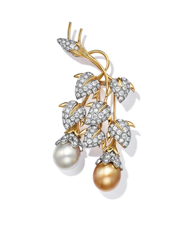Tiffany & Co. Schlumberger高級珠寶系列Cascade胸針，鉑金及18K金鑲嵌一對南洋養殖珍珠及圓形明亮式鑽石。圖／Tiffany & Co.提供