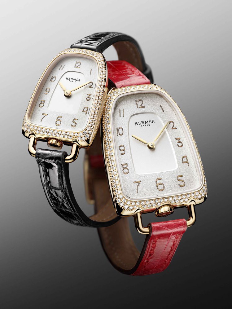 （由左至右）小型款與大型款的Galop d’Hermès玫瑰金鑲鑽腕表。圖／愛馬仕提供