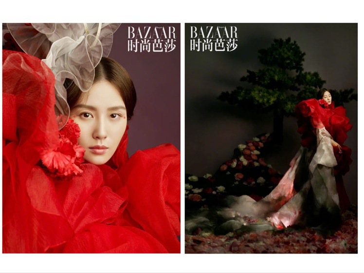妖豔華麗的造型，是以和服輪廓的Yumi Katsura外衣、罩上Ryzy 2021秋冬系列正紅色玫瑰造型縐紗禮服。圖／取自微博