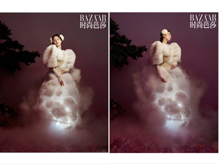 劉詩詩詮釋郭培Guo Pei 2020春夏高級訂製服，如同雪白雲朵堆疊的服裝相當夢幻。圖／取自微博