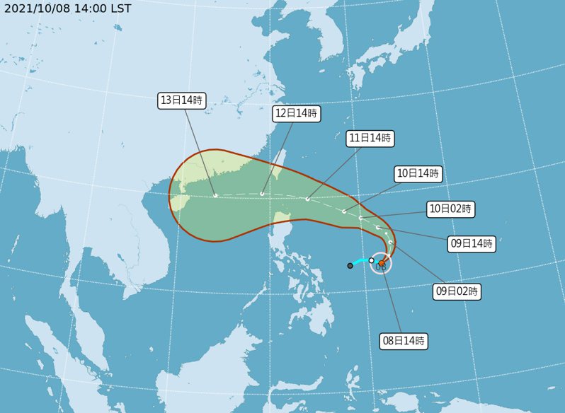 今年第18號颱風圓規，下周一、二最接近台灣，全台有雨，其中北部、東半部慎防豪雨等級降雨。圖／取自中央氣象局網站