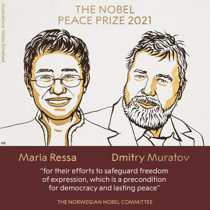 2021年諾貝爾和平獎頒給菲律賓記者瑞薩（左）和俄羅斯新報總編輯穆拉托夫。（取自諾貝爾獎官網）