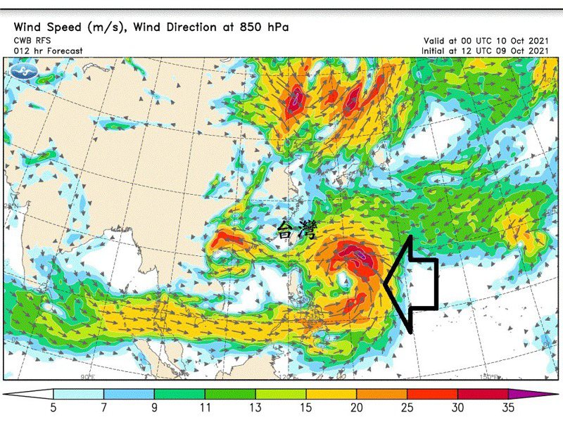 850百帕的風場，圓規颱風和典型的颱風結構概念不同。圖／取自鄭明典臉書