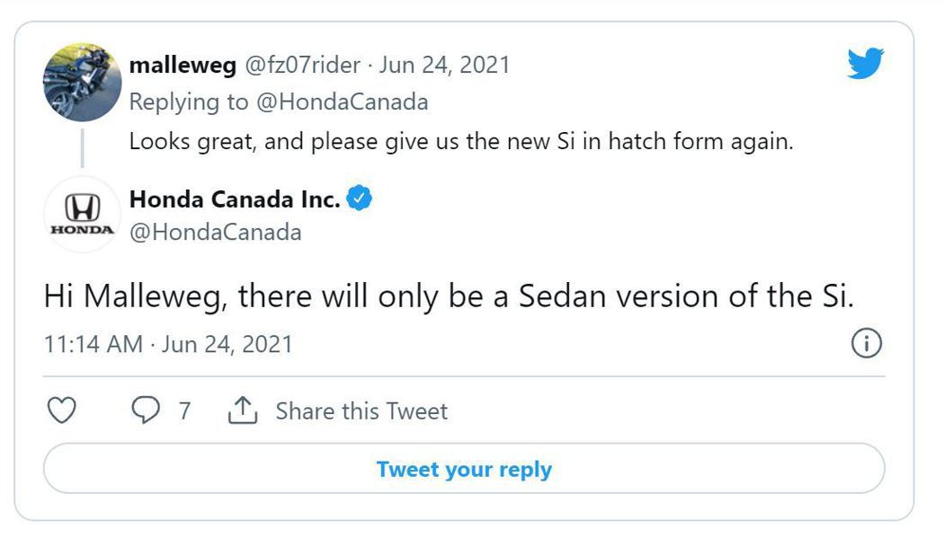 Honda Canada於Twitter一則回文中透露Civic Si這次只會有...