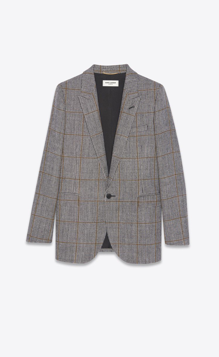 灰色格紋羊毛單扣西裝外套，97,550元。圖／Saint Laurent提供