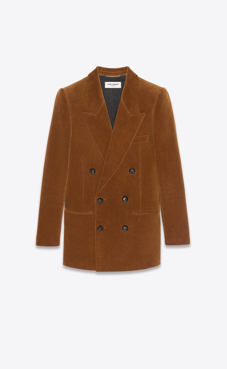 菸草棕色燈芯絨雙排扣西裝外套，98,200元。圖／Saint Laurent提供