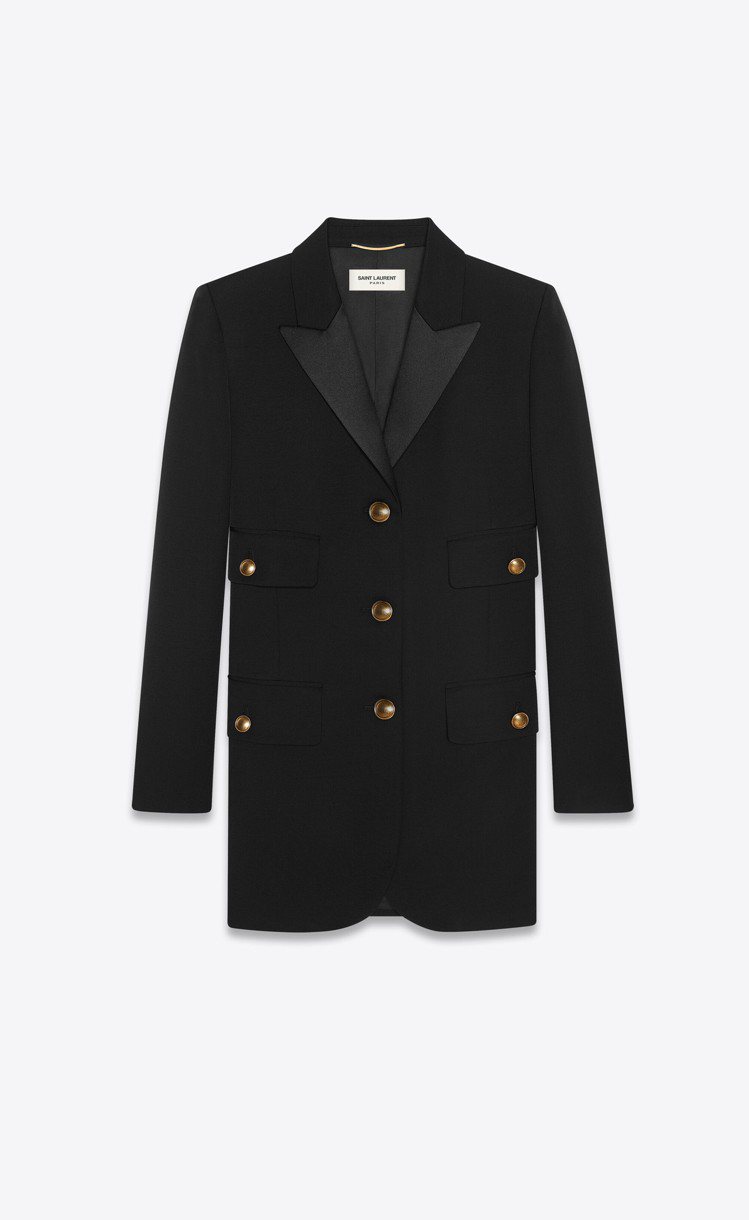 黝黑色呢絨金扣長版西裝外套，10萬3,350元。圖／Saint Laurent提...