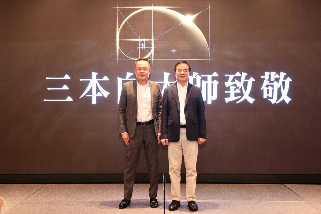 三本建設董事長王燕鴻(右)與上揚國際建築團隊董事長林聰麟合影。