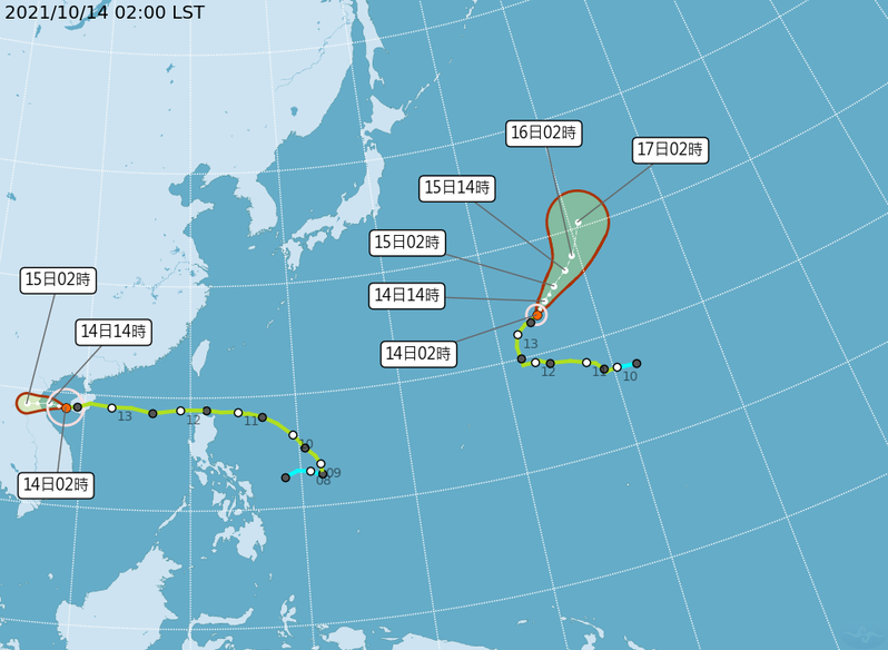 圓規颱風已經通過海南，往越南北部接近，雖然離台灣很遠，但外圍的水氣仍在台灣附近，東半部及南部仍有水氣持續影響。圖／取自氣象局網站