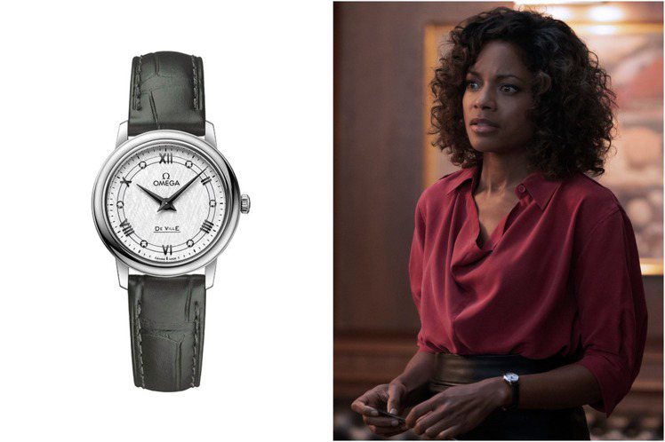 Naomie Harris在電影中戴上的精鋼碟飛Prestige腕表，輕巧的27.4毫米並搭配絲綢紋與蛋白石裝飾銀白色面盤，呼應電影中內勤的角色設定。圖 / OMEGA提供（合成圖）