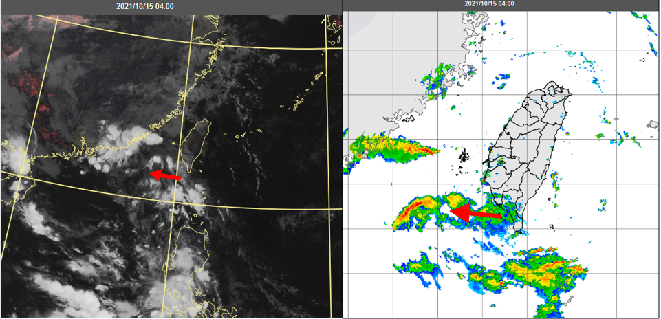 今晨4時真實色衛星雲圖（左圖）顯示，季風低壓環流被太平洋高壓向西推移。雷達回波合...
