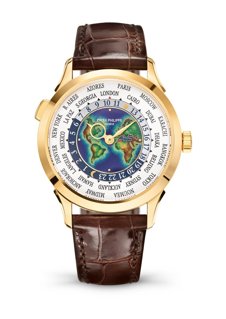 百達翡麗型號5231J-001世界時區腕表，中央裝飾掐絲琺瑯地圖，是深受歡迎的經典，約231萬1,000元。圖／百達翡麗提供