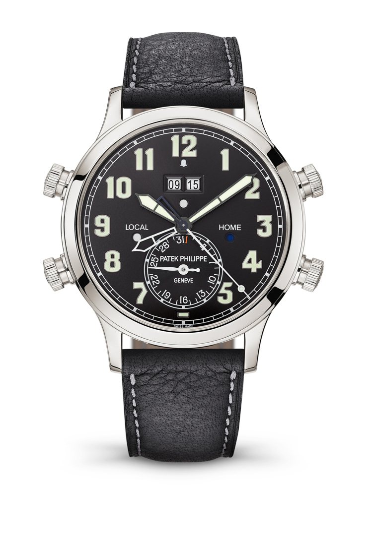 2019年發表的5520P-001兩地時間響鬧腕表，是品牌首個防水的響鬧時計，當時定價約為759萬元。圖／百達翡麗提供