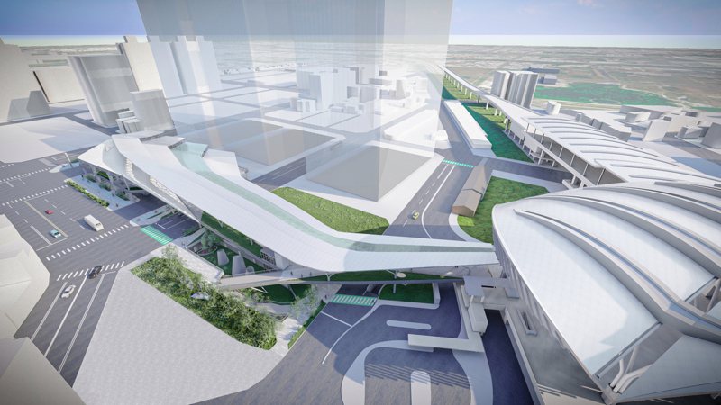 台中轉運中心3D模擬圖，未來地下3層是停車場，一樓是綠地和轉運層、二樓有連通道至台中火車站。圖／台中市交通局提供