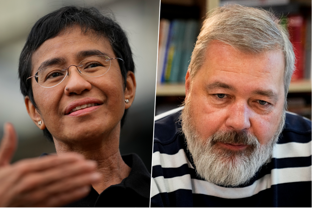 2021年諾貝爾和平獎頒給菲律賓裔美籍記者瑪麗亞瑞薩（Maria Ressa，左）和俄羅斯「新報」總編輯穆拉托夫（Dmitry Muratov，右）。 圖／美聯社