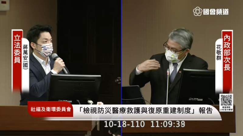 國民黨籍立委蔣萬安（左）點出內政部次長花敬群（右）對於高雄市未強制執行消防檢查的說法有矛盾之處。圖／擷取自國會頻道