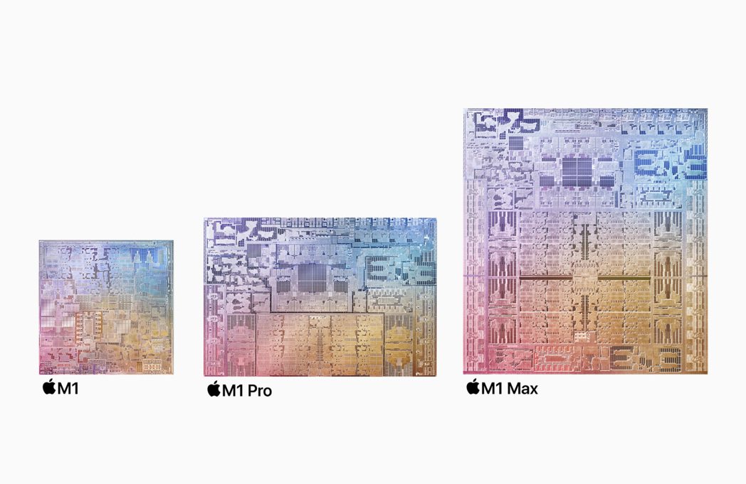 蘋果自家晶片系列M1、M1 Pro與M1 Max的尺寸大小比較。圖／蘋果提供