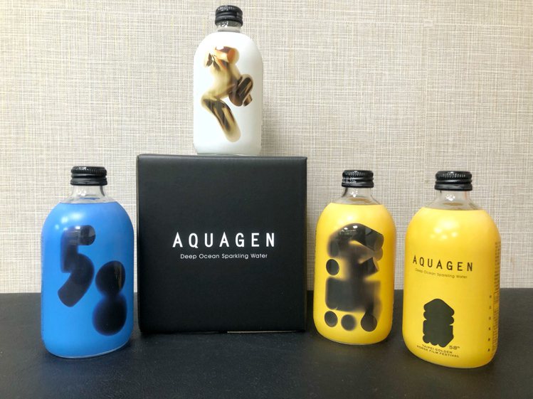 台灣第一瓶海洋深層氣泡水的AQUAGEN推出3款金馬主視覺珍藏瓶，於全家便利商店...