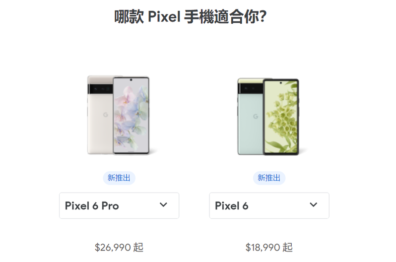 Google發表Pixel 6、Pixel 6 Pro手機，售價分別為18990元起、26990元起，28日正式上市。 圖擷自Google官網