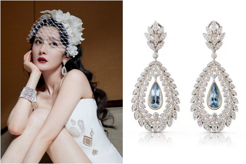 楊冪是在出席時尚活動時，以復古造型搭配了Buccellati高級珠寶，耳畔配戴的Unica高級珠寶耳環，並帶有文藝復興式的古典風格。圖 / Buccellati提供（合成圖）