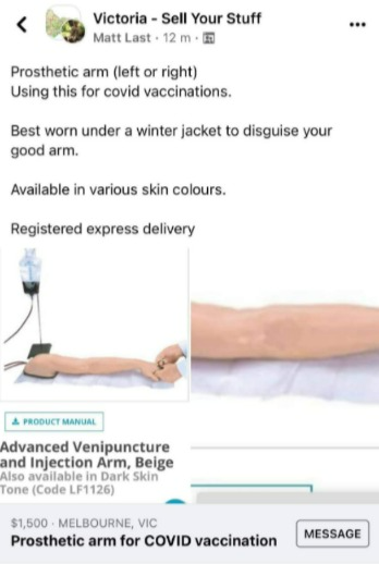 厂商研发「假手臂」供反疫苗者注射时配戴。图／取自(photo:UDN)