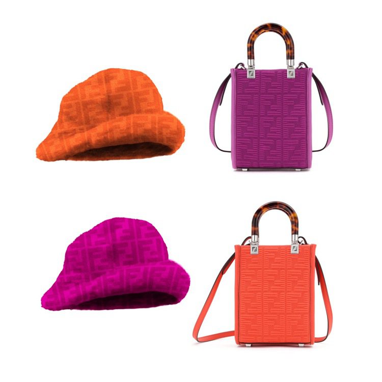 FENDI x SKIMS亮橘色、桃紫色FF LOGO Mini Sunshine Shopper各售59,000元;Touch Of fur帽子各售32,500元。圖／FENDI提供