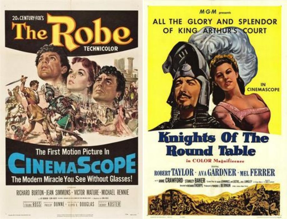 圖為《聖袍千秋》（The Robe，左）和《圓桌武士》（Knights of the Round Table，右）海報。 圖／維基共享